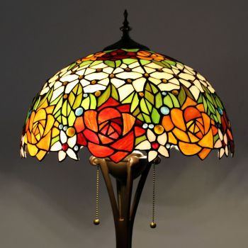 LongHuiJing Red Floral Tiffany Style Stained Glass Floor Lamp with 16-inch Wide Handmade Lampshade Metal Base