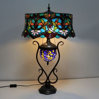 LongHuiJing Tiffany Style lamp 18-inchantique red flower stained glass lamp shade lamp with glass luminous base