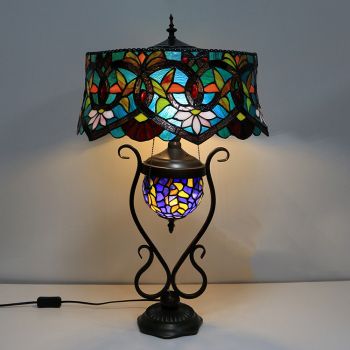 LongHuiJing Tiffany Style lamp 18-inchantique red flower stained glass lamp shade lamp with glass luminous base