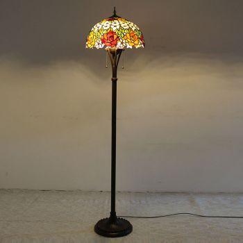LongHuiJing Red Floral Tiffany Style Stained Glass Floor Lamp with 16-inch Wide Handmade Lampshade Metal Base