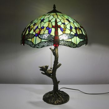LongHuiJing Green Tiffany Style Stained Glass Table Lamp with 16Inch Wide Lampshade and Bird Nest Tree Trunk