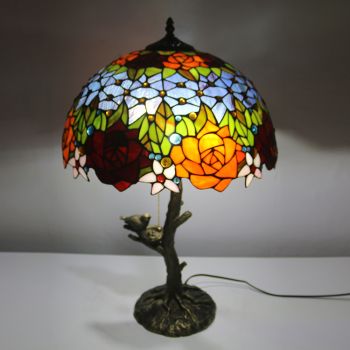 LongHuiJing Red Rose Tiffany Style Stained Glass Table Lamp with 16Inch Wide Lampshade and Bird Nest Tree Trunk