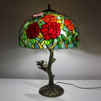 LongHuiJing Rose Flower Tiffany Style Stained Glass Table Lamp with 16Inch Wide Lampshade and Bird Nest Tree Trunk