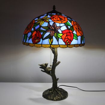 LongHuiJing Orange Rose Tiffany Style Stained Glass Table Lamp with 16Inch Wide Lampshade and Bird Nest Tree Trunk