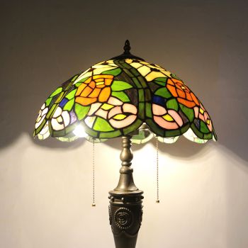 LongHuiJing 16Inch Retro Tiffany Table Lamp Red Stained Glass Yellow Rose Lampshade Lights Handmade Glass Desk Lamps