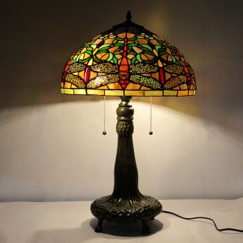 LongHuiJing 16Inch Tiffany Lamp Stained Glass Table Lamp Red Dragonfly Lampshade Style Desk Reading Light 