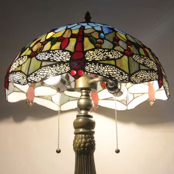 LongHuiJing 16Inch Tiffany Lamp Stained Glass Table Lamp Red Dragonfly Lampshade Style Desk Reading Light Decor Lighting
