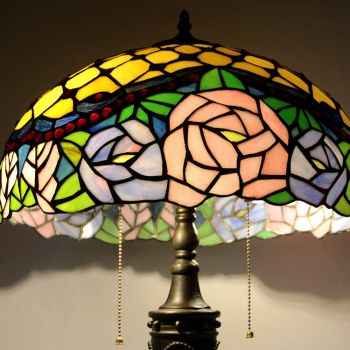 LongHuiJing 16Inch Retro Tiffany Table Lamp Stained Glass Pink Rose Lampshade Lights Handmade Glass Desk Lamps