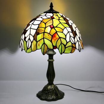 LongHuiJing 12Inch Tiffany Lamp Stained Glass Bedside Table Lamp Leafs Yellow Style Reading Desk Light 18" Tall