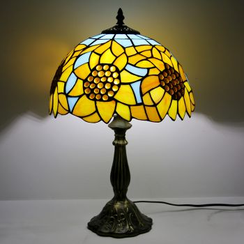 LongHuiJing 12Inch Tiffany Lamp Stained Glass Bedside Table Lamp Sunflower Yellow Style Reading Desk Light 18