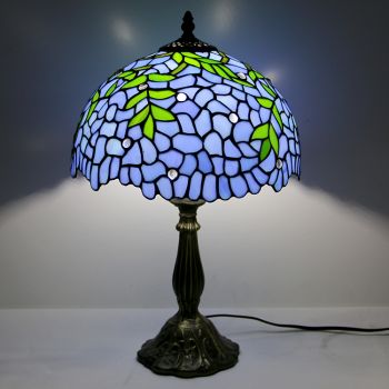 LongHuiJing 12Inch Tiffany Lamp Stained Glass Bedside Table Lamp Wisteria Blue Style Reading Desk Light 18" Tall
