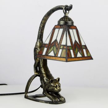 LongHuiJing Tiffany Style Table Lamp Stained Glass Bedside Lamps with Cat Base 15 inch Tall Vintage Antique Nightstand  