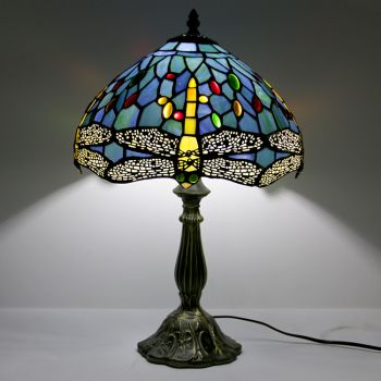 LongHuiJing 12Inch Tiffany Lamp Stained Glass Bedside Table Lamp Antique Dragonfly Style Reading Desk Light 18