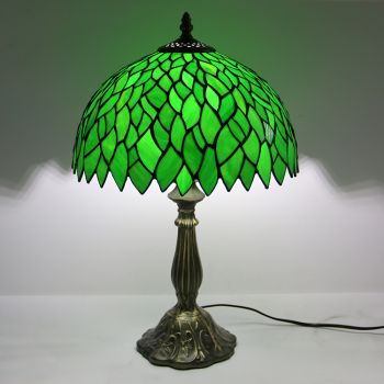 LongHuiJing 12Inch Tiffany Lamp Stained Glass Bedside Table Lamp Leafs Green Style Reading Desk Light 18