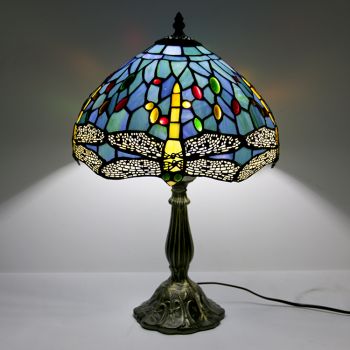 LongHuiJing 12Inch Tiffany Lamp Stained Glass Bedside Table Lamp Antique Dragonfly Style Reading Desk Light 18