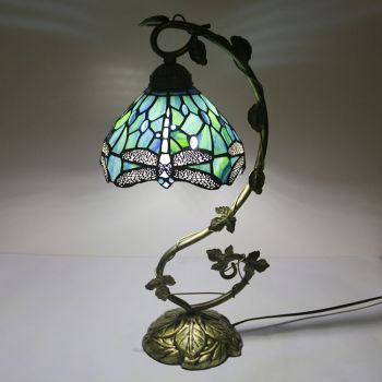 LongHuiJing 8Inch Tiffany Style Table Lamp Dragonfly Green Blue Stained Glass Antique 20.5”H Metal Base Decor Lights