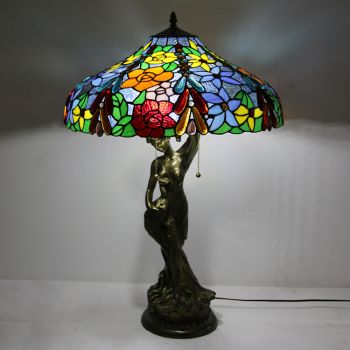 LongHuiJing Tiffany Style Table Lamp Stained Glass Lampshade Flower Bedside Lamp Decorated Lamp 18Inch