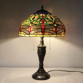 LongHuiJing 16Inch Retro Tiffany Table Lamp Stained Glass Yellow Dragonfly Lampshade Lights Handmade Glass Desk Lamps