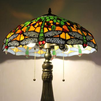 LongHuiJing 18Inch Retro Tiffany Table Lamp Stained Glass Green Dragonfly Lampshade Lights Handmade Glass Desk Lamps