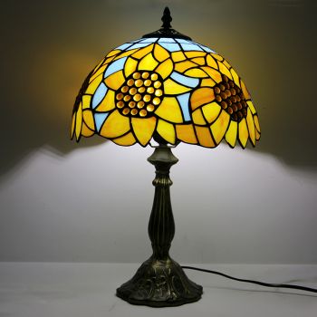LongHuiJing 12Inch Tiffany Lamp Stained Glass Bedside Table Lamp Sunflower Yellow Style Reading Desk Light 18
