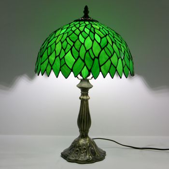 LongHuiJing 12Inch Tiffany Lamp Stained Glass Bedside Table Lamp Leafs Green Style Reading Desk Light 18