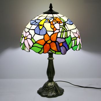 LongHuiJing 12Inch Tiffany Lamp Stained Glass Bedside Table Lamp Birds Flower Style Reading Desk Light 18" Tall