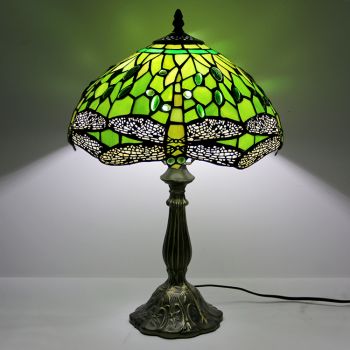 LongHuiJing 12Inch Tiffany Lamp Stained Glass Bedside Table Lamp Dragonfly Green Style Reading Desk Light 18" Tall