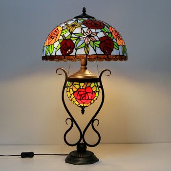 LongHuiJing 16Inch Vintage Flower Tiffany Style Stained Glass Table Lamp With Double Lit Bedroom Bedside Art Lighting