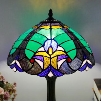 LongHuiJing 12Inch Tiffany Style Lamp Stained Glass Bedside Table Lamp Blue Yellow Liaison Reading Desk Light