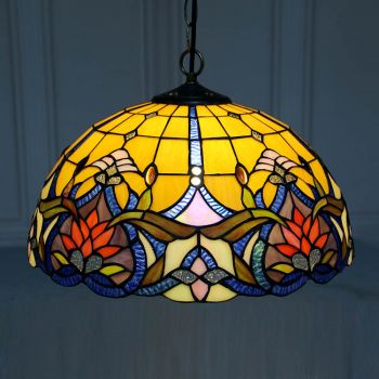 LongHuiJing 16-Inch Tiffany Style Hanging Pendant Lamp Fixture Elegant Flower Stained Glass Hanging Lighting