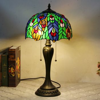 LongHuiJing 12Inch Tiffany Style Desk Lamp Peacock Flower Stained Glass Table Lamps Creative Bedroom Bedside Desk Light