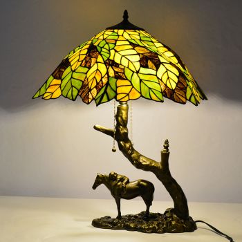 LongHuiJing Stained Glass Table Lamp Tiffany Style Desk Light With 19.8Inch Leaf Lampshade With Horse Resin Base