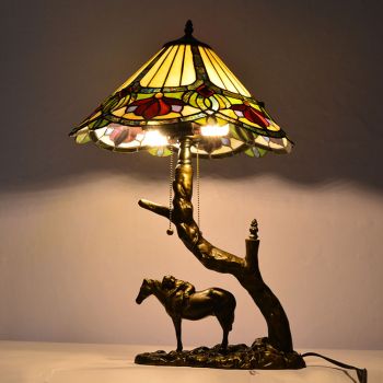 LongHuiJing Elagent Stained Glass Table Lamp Tiffany Style Desk Light With 16Inch Lampshade With Horse Resin Base
