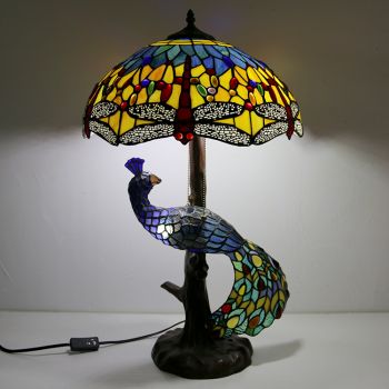 LongHuiJingStained Glass Lampshade Desk Lamp Tiffany Style Table Lamps With Glass Peacock and Tree Base