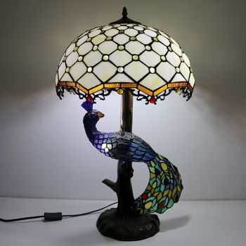 LongHuiJing Tiffany Style Table Lamp With Peacock Base 16Inch Antique White Beads Stained Glass Lampshade Table Lighting