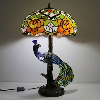 LongHuiJing 16Inch Rose Stained Glass Lampshade Desk Lamp Tiffany Style Table Lamps With Glass Peacock and Tree Base