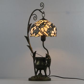 LongHuiJing Dragonfly Tiffany Style Stained Glass Lampshade Table Lamp Resin Cast Mouse Iron Tank Frame Art Desk Light
