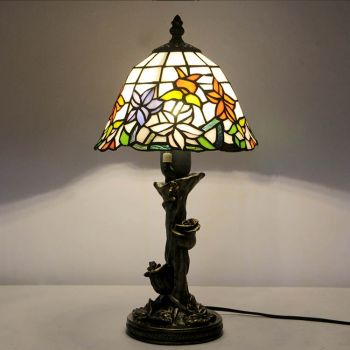 LongHuiJin Handcrafted Tiffany Style Table Lamps Floral Stained Glass Lampshade Desk Lights with Resin Rose Base