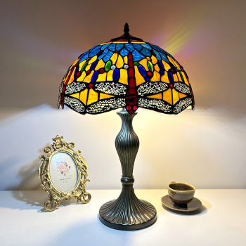 LongHuiJing 16 Inch 12" table lamp tiffany stained glass shade dragonfly bead vintage bedside lights