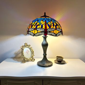 LongHuiJing 16 Inch 12" table lamp tiffany stained glass shade dragonfly bead vintage bedside lights