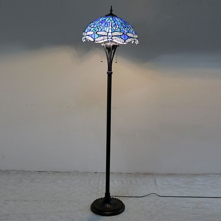 LongHuiJing Light Blue Dragonfly Tiffany Style Stained Glass Floor Lamp with 16-inch Wide Handmade Lampshade Metal Base