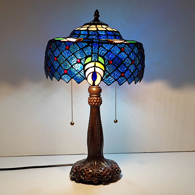 LongHuiJing Green Tiffany Style Table Lamp Blue Stained Glass Shade Antique Desk Light 12"