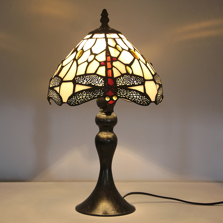 LongHuiJing Tiffany Stained Glass Style Desk Light Red Dragonfly Lampshade Table Reading Night Light W8H15Inch