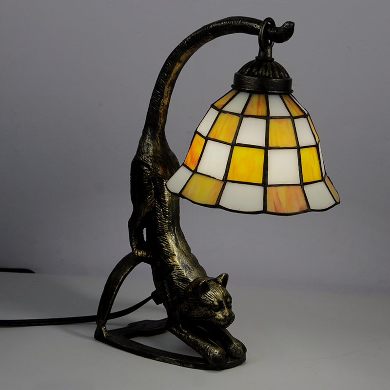LongHuiJing Tiffany Style Table Lamp Art Stained Glass Bedside Lamps with Cat Base 15 inch Tall Vintage Antique 