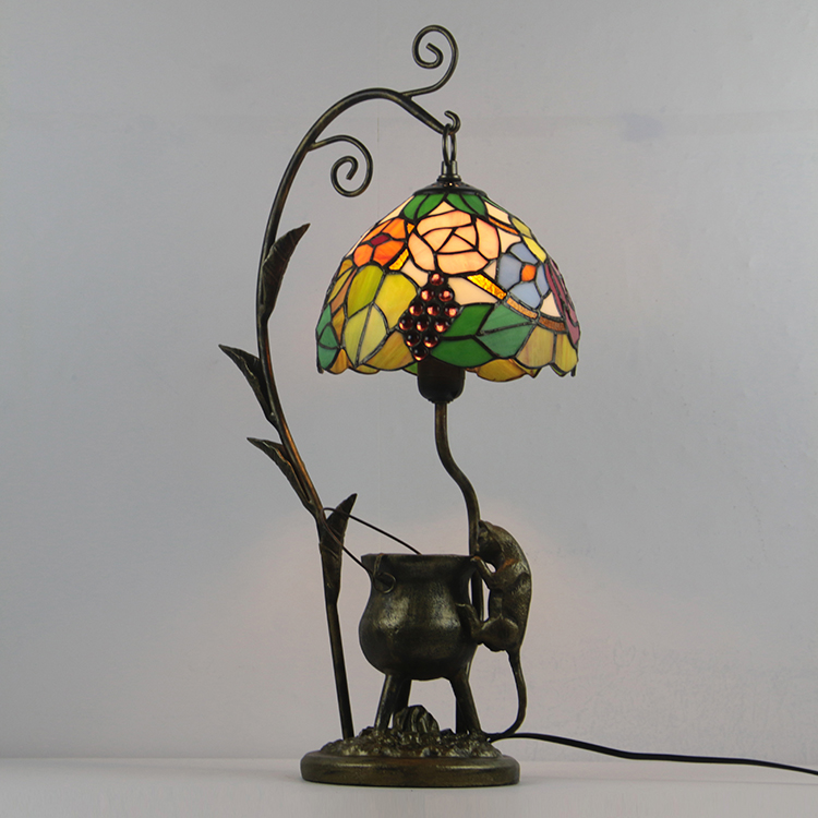 LongHuiJing Tiffany Style Grape Stained Glass Lampshade Table Lamp Resin Cast Mouse Iron Tank Frame Art Desk Light