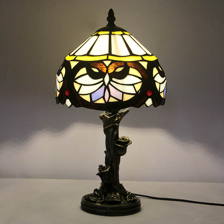 LongHuiJin Vintage Tiffany Style Table Lamps Love Patten Stained Glass Lampshade Desk Lights with Resin Rose Base